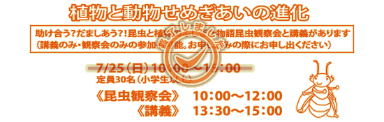 講座「植物と動物せめぎあいの進化」7/25(日曜)10:00~15:00(定員30名・小学生以上)。内わけは昆虫観察会が10:00~12:00、講義が13:30~15:00までの開催です。